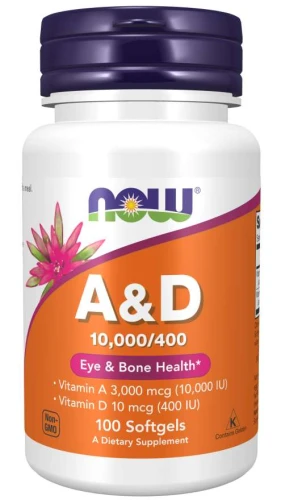 Vitamin A & D 10 000/400 IU 100 kapsułek żelowych/softgels NOW Food's Suplement Diety