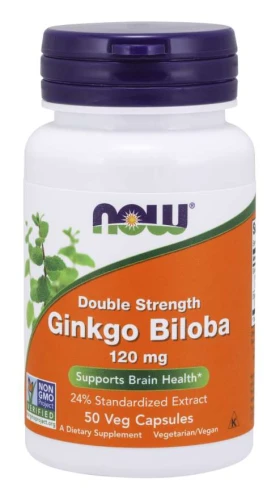 Ginkgo Biloba, Double Strength 120 mg 50 kapsułek Veg MIŁORZĄB DWUKLAPOWY NOW Food's Suplement Diety