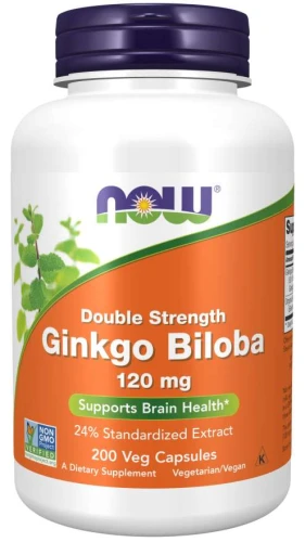 Ginkgo Biloba, Double Strength 120 mg 200 kapsułek Veg MIŁORZĄB DWUKLAPOWY NOW Food's Suplement Diety