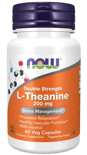 L-Theanine, Double Strength 200 mg 60 kapsułek Veg NOW Food's L-Teanina Suplement Diety